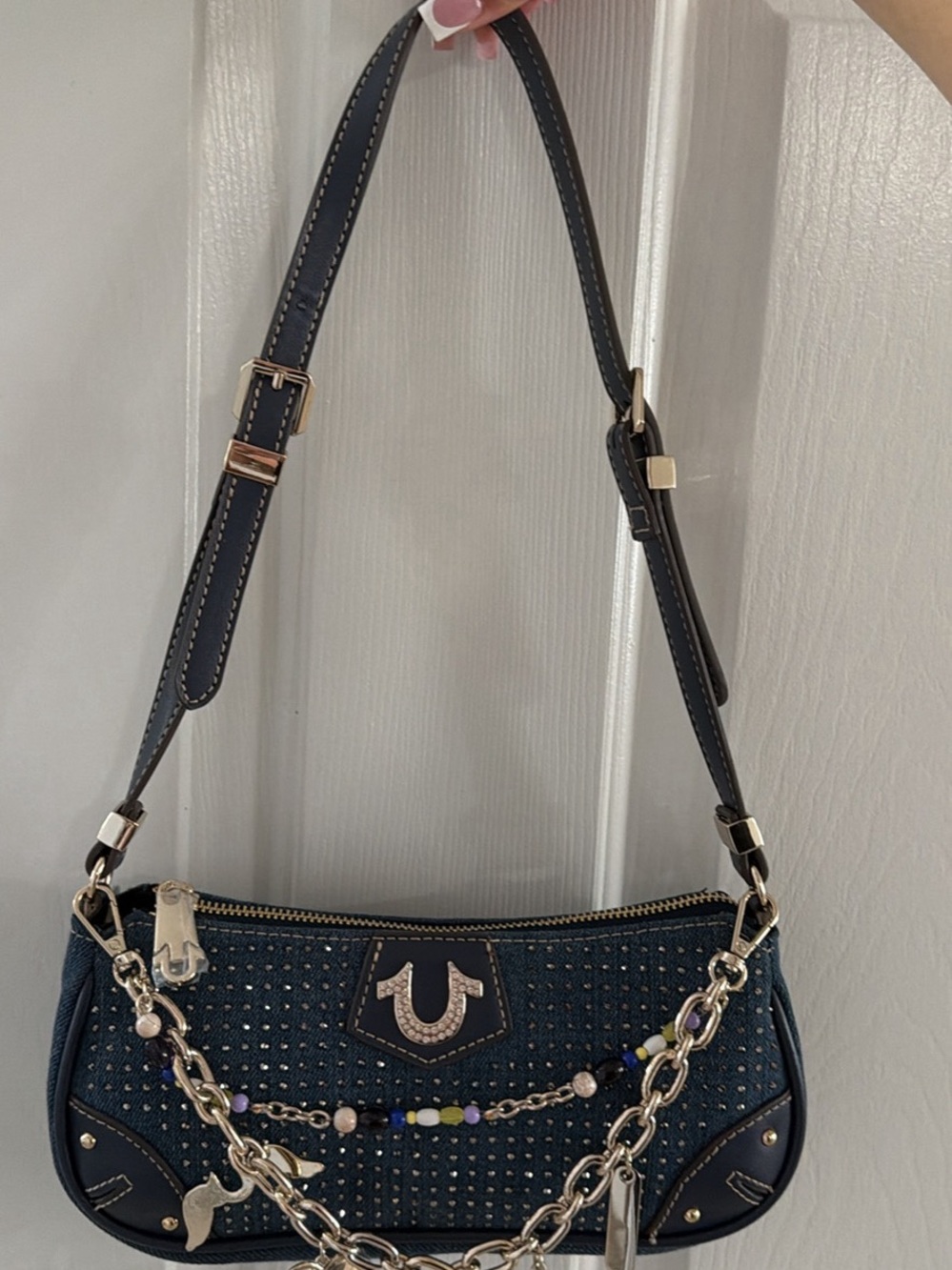True religion Studded Navy Shoulder Bag with Chain Accent